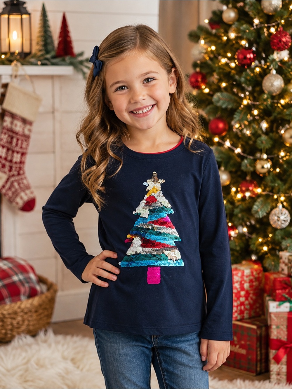 Girls Black Sequin Christmas Tree Long Sleeve Shirt Size 6